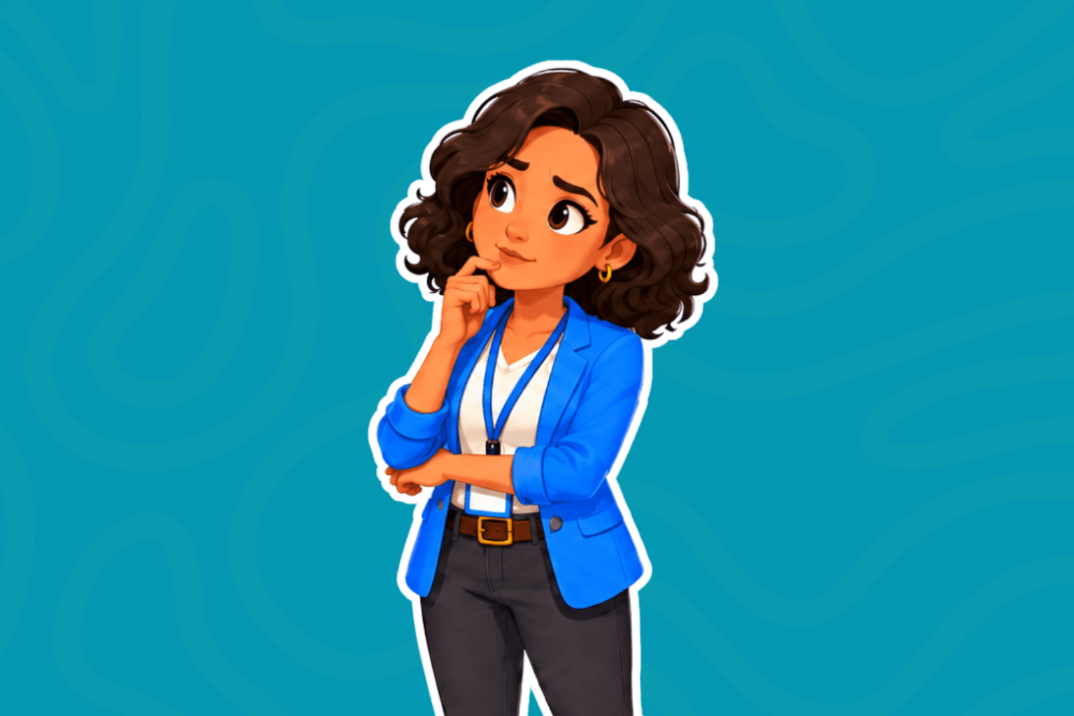 Woman pondering ideas in front of a green background