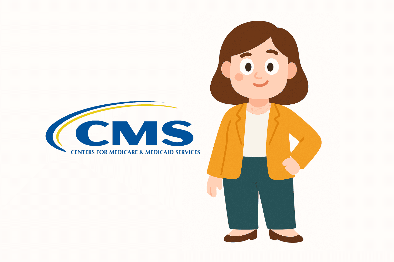 Cartoon woman standing next to the CMS logo