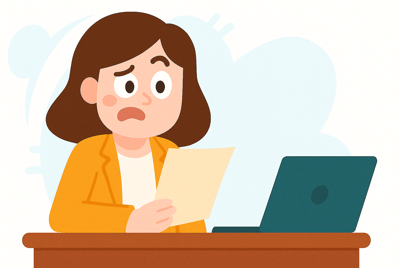Cartoon woman confused while reviewing a letter at her desk