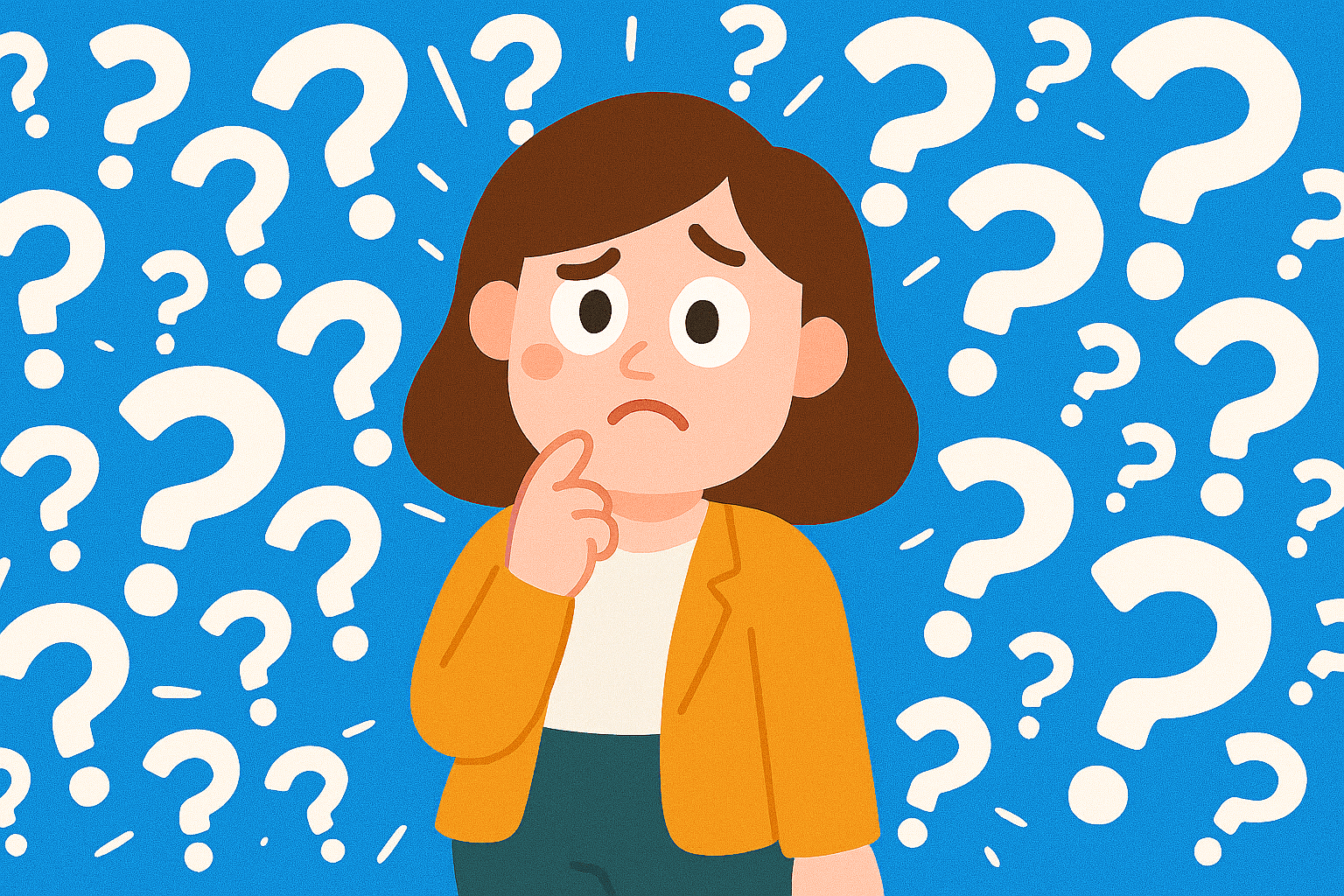 Cartoon woman pondering many questions at once