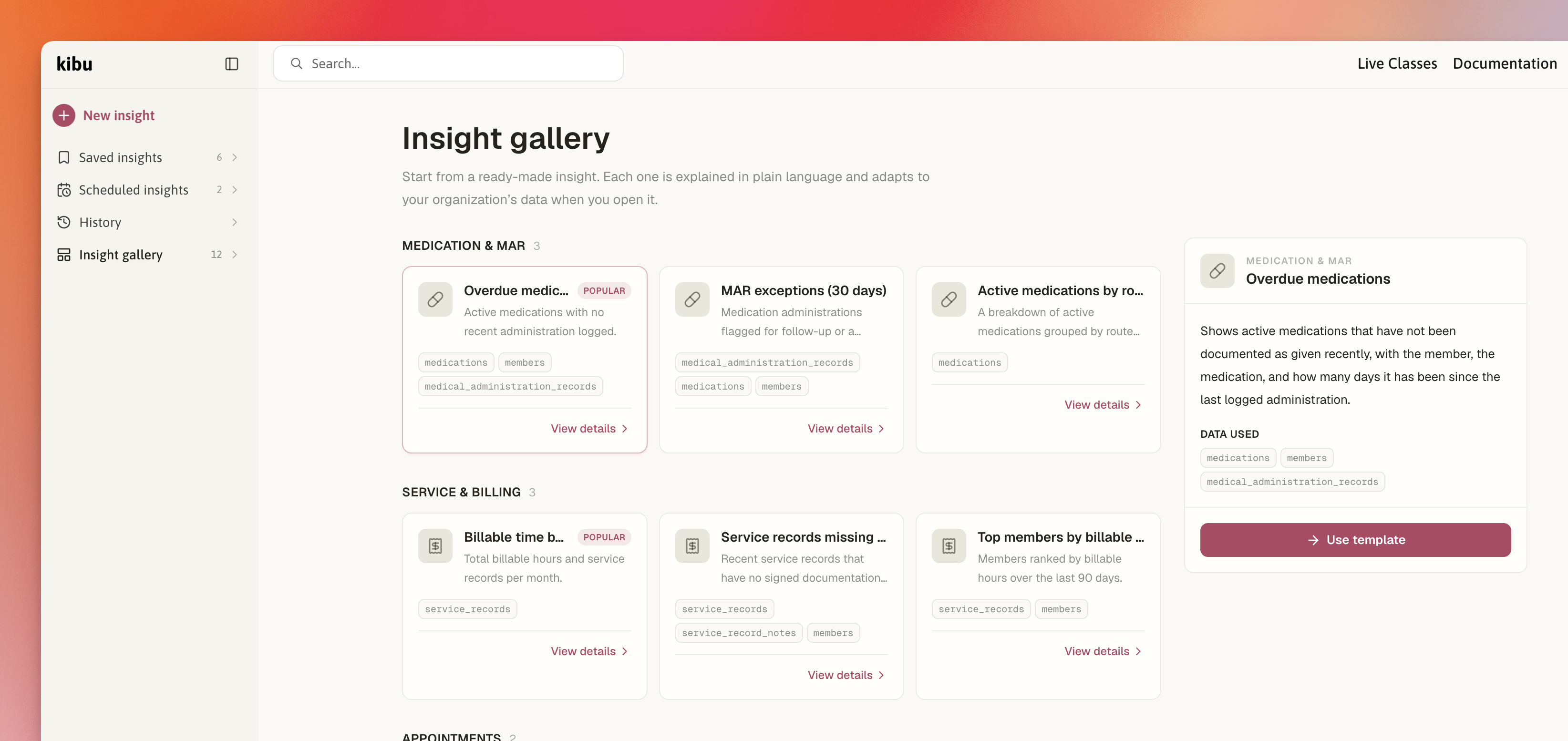 Insight gallery showing ready-made reports in Insights