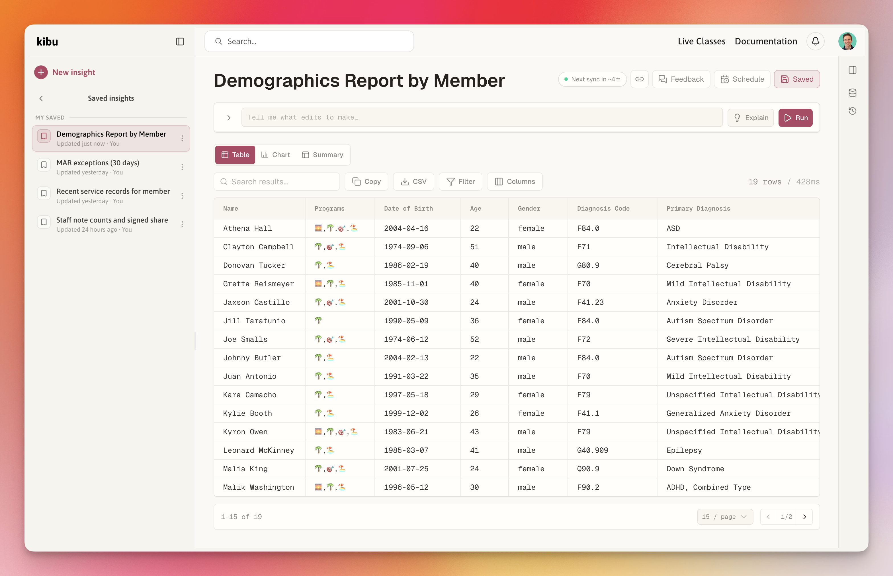 Insights demographics report table with saved reports in the sidebar