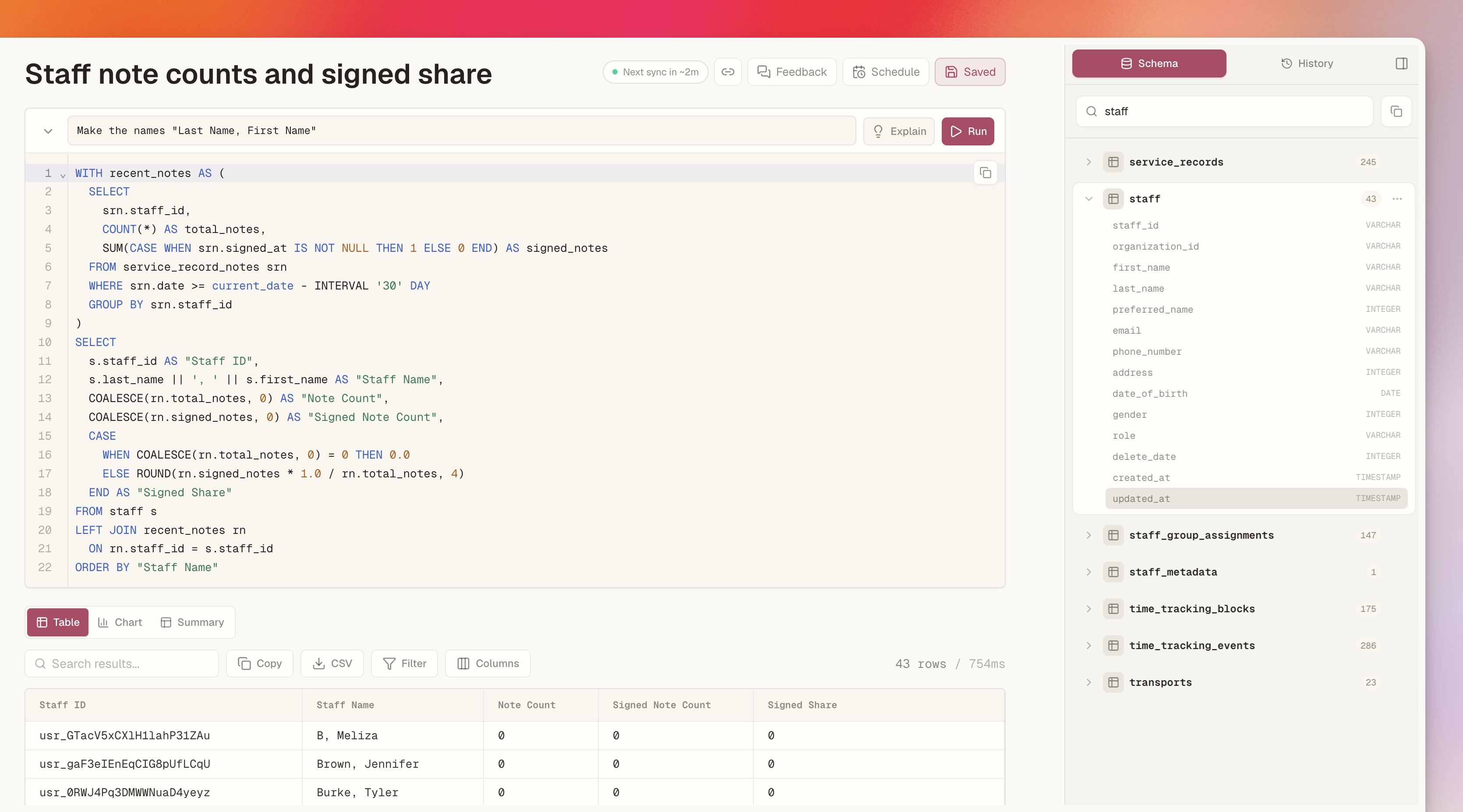 Insights KQL preview showing the query behind a report