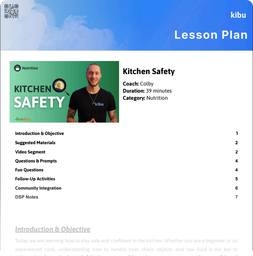 Kibu lesson plan for Kitchen Safety Basics with step-by-step instructions