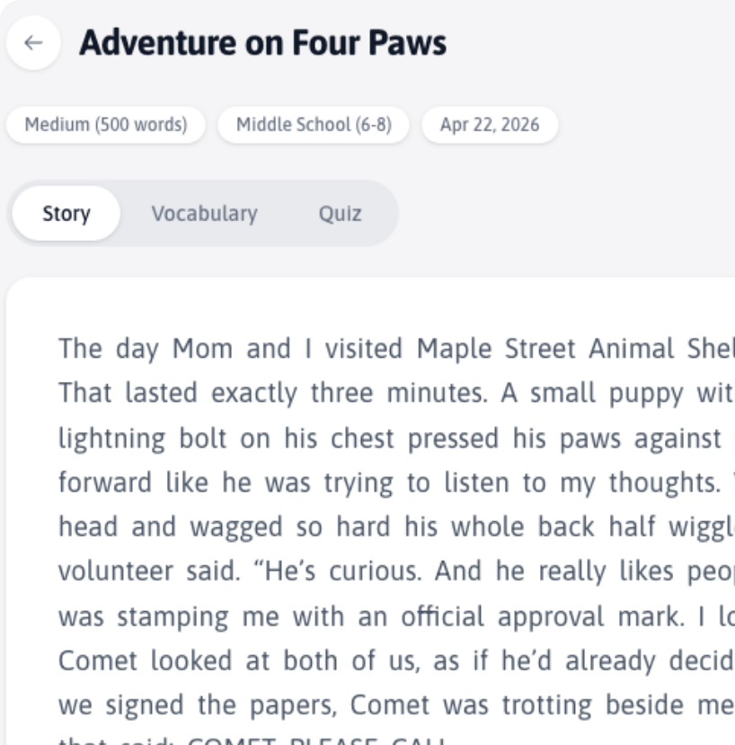 Kibu custom short story generator showing a personalized story
